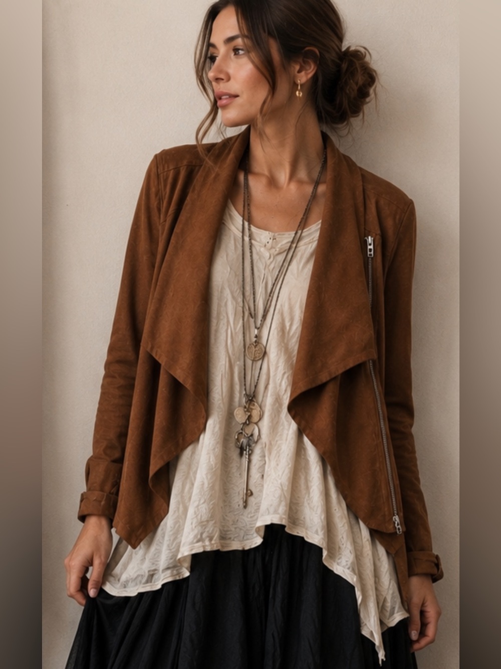 BlankNYC | Faux Suede Jacket | Camel | Draped Asymmetrical Zip | Medium